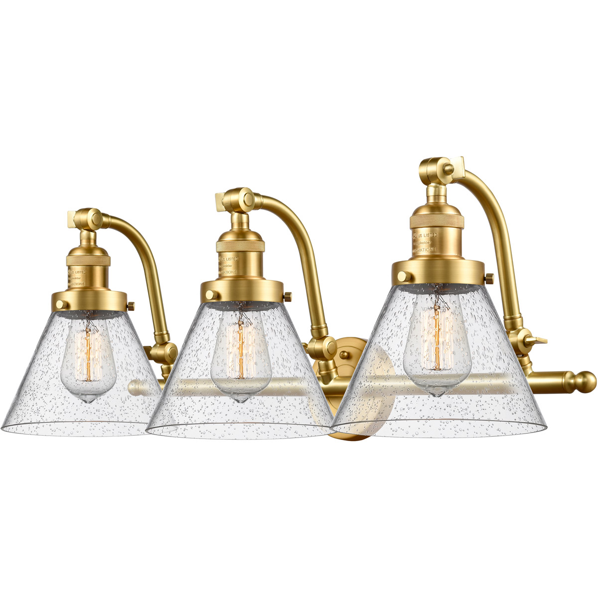 Innovations Lighting 515-3W-SG-G44-LED Franklin Restoration Large Cone LED 28 inch Satin Gold Bath Vanity Light Wall Light in Seedy Glass, Franklin Re