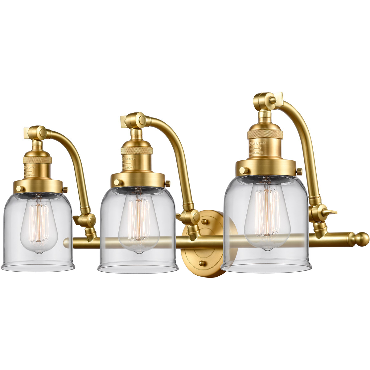 Innovations Lighting 515-3W-SG-G52-LED Franklin Restoration Small Bell LED 28 inch Satin Gold Bath Vanity Light Wall Light in Clear Glass, Franklin Re