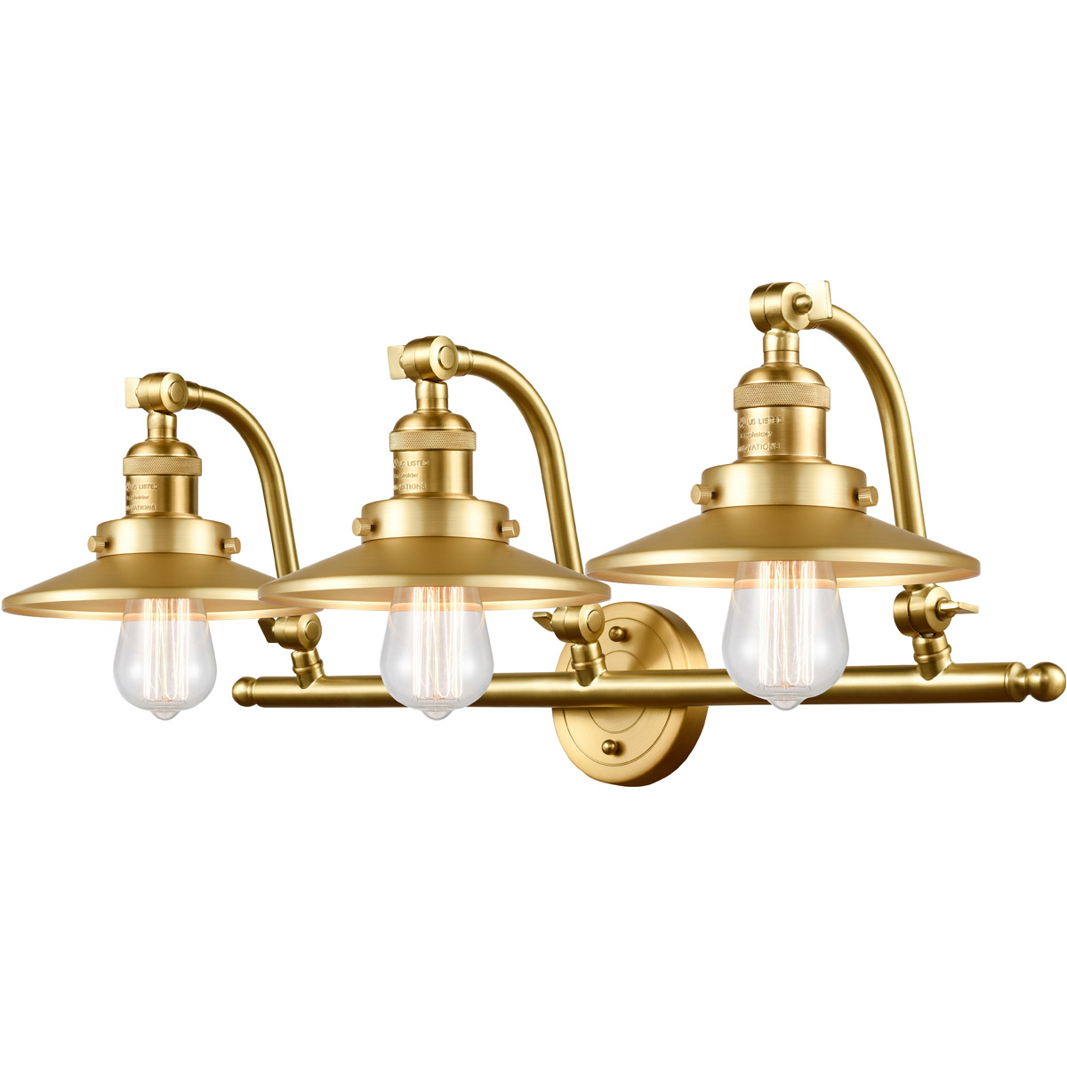 Innovations Lighting 515-3W-SG-M4-SG Franklin Restoration Railroad 3 Light 28 inch Satin Gold Bath Vanity Light Wall Light, Franklin Restoration