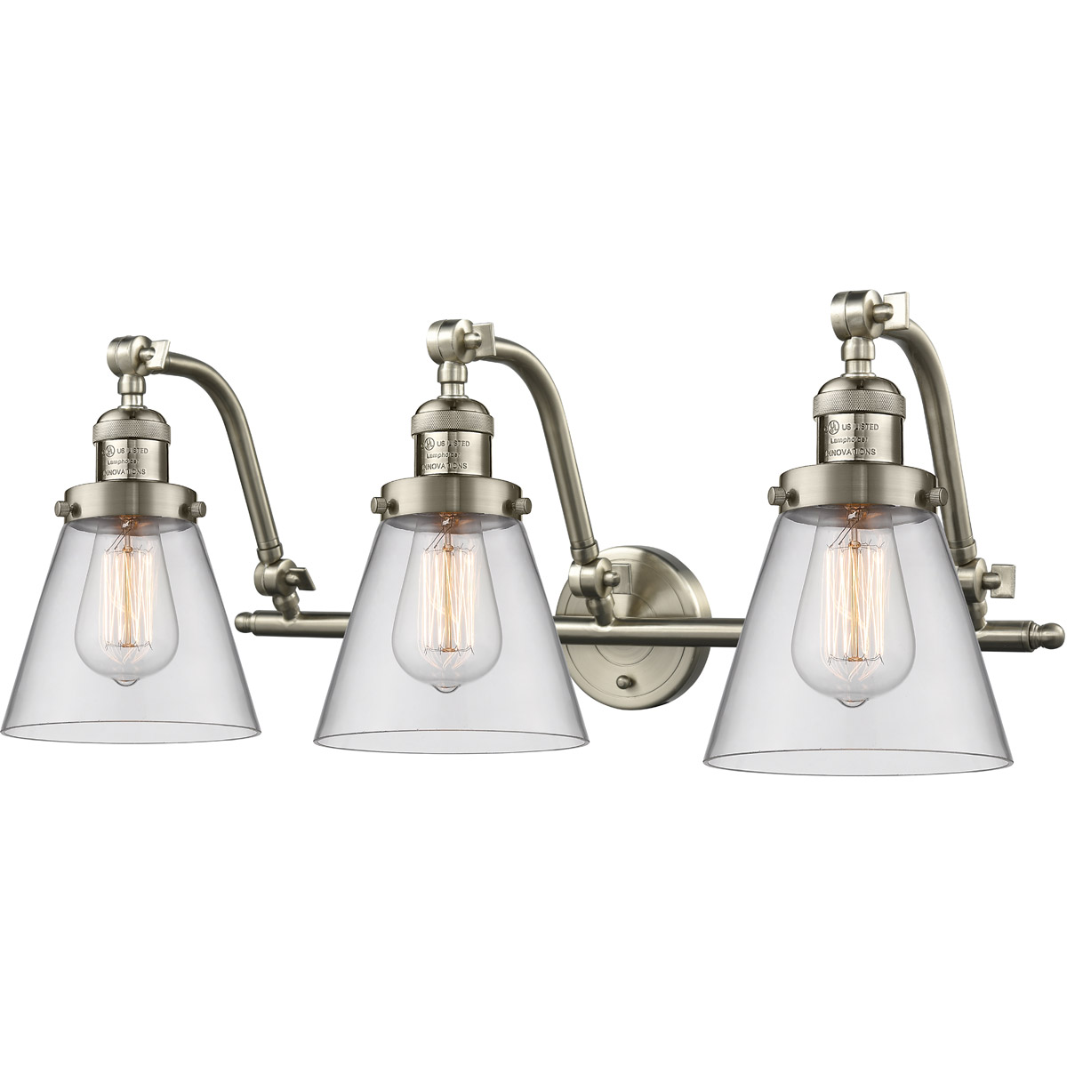 Innovations Lighting 515-3W-SN-G62-LED Franklin Restoration Small Cone LED 28 inch Brushed Satin Nickel Bath Vanity Light Wall Light in Clear Glass, F
