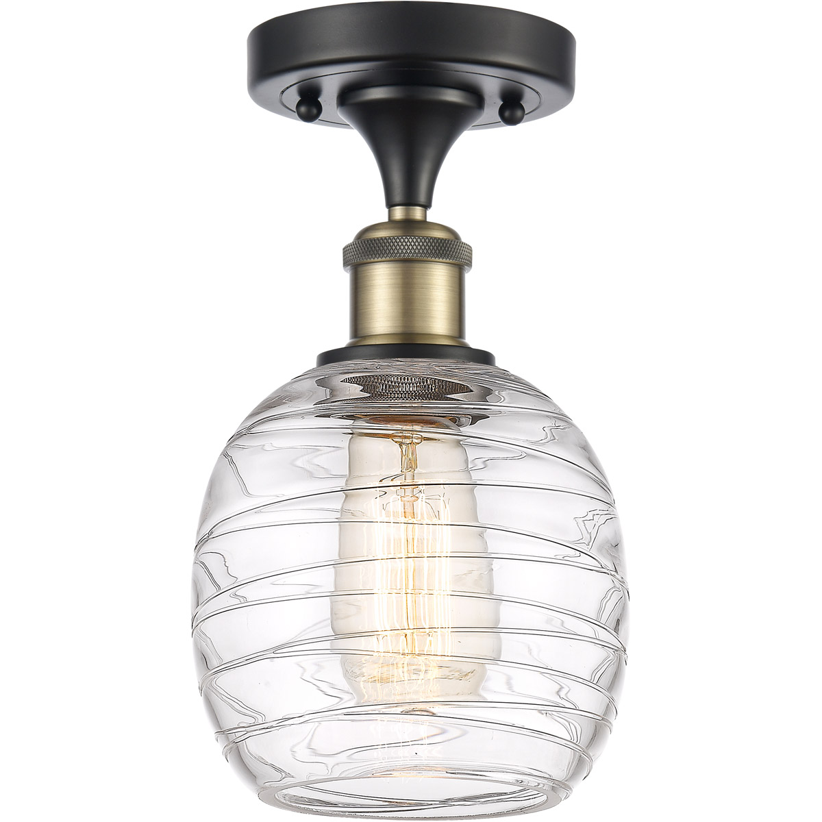 Innovations Lighting 516-1C-BAB-G1013-LED Ballston Belfast LED 6 inch Black Antique Brass Semi-Flush Mount Ceiling Light in Deco Swirl Glass