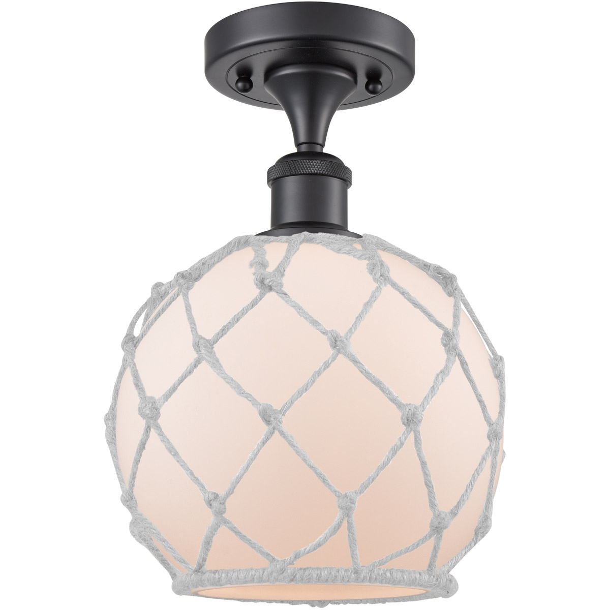 Innovations Lighting 516-1C-BK-G121-8RW-LED Ballston Farmhouse Rope LED 8 inch Matte Black Semi-Flush Mount Ceiling Light in White Glass with White Ro