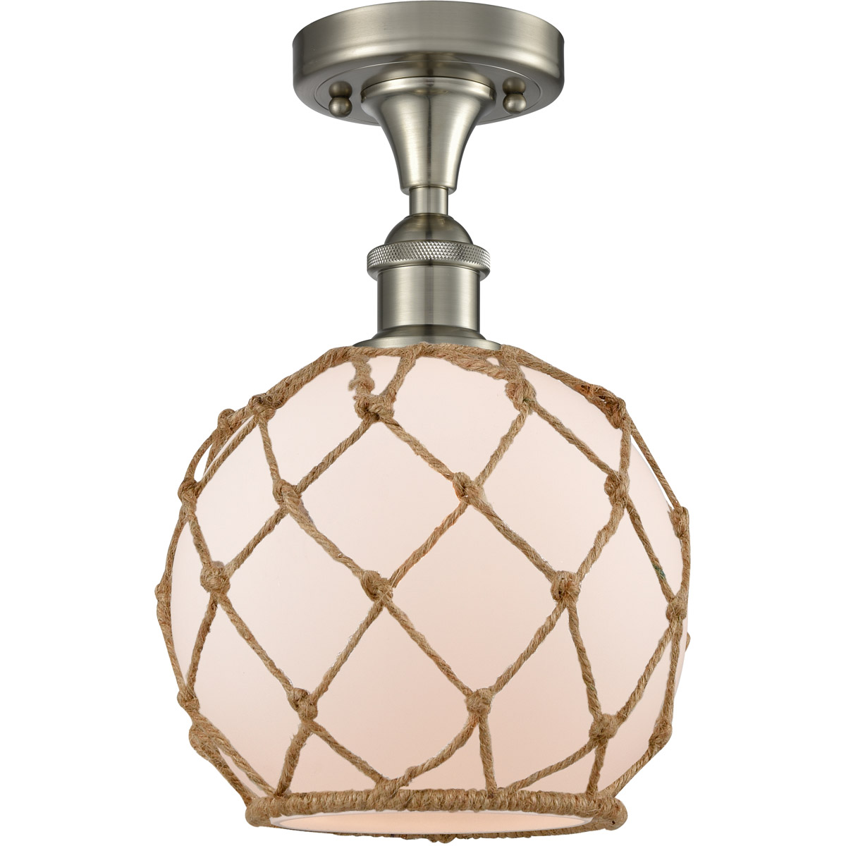 Innovations Lighting 516-1C-SN-G121-8RB-LED Ballston Farmhouse Rope LED 8 inch Brushed Satin Nickel Semi-Flush Mount Ceiling Light in White Glass with