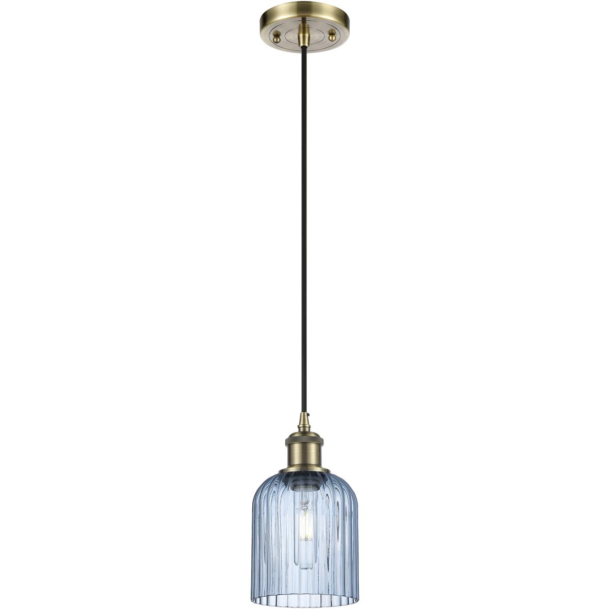 Innovations Lighting 516-1P-AB-G559-5BL Bridal Veil 1 Light 5 inch Antique Brass Mini Pendant Ceiling Light in Princess Blue Glass