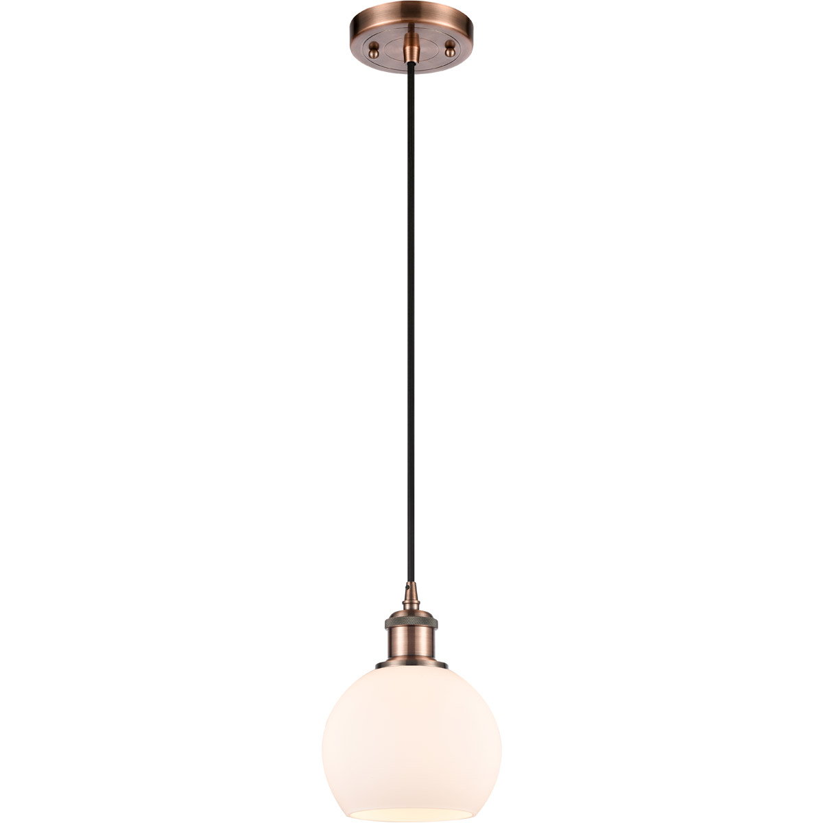 Innovations Lighting 516-1P-AC-G121-6-LED Ballston Athens LED 6 inch Antique Copper Mini Pendant Ceiling Light in Matte White Glass, Black Textured