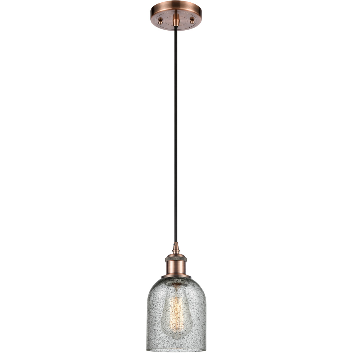 Innovations Lighting 516-1P-AC-G257-LED Ballston Caledonia LED 5 inch Antique Copper Mini Pendant Ceiling Light in Charcoal Glass, Black Textured, Bal