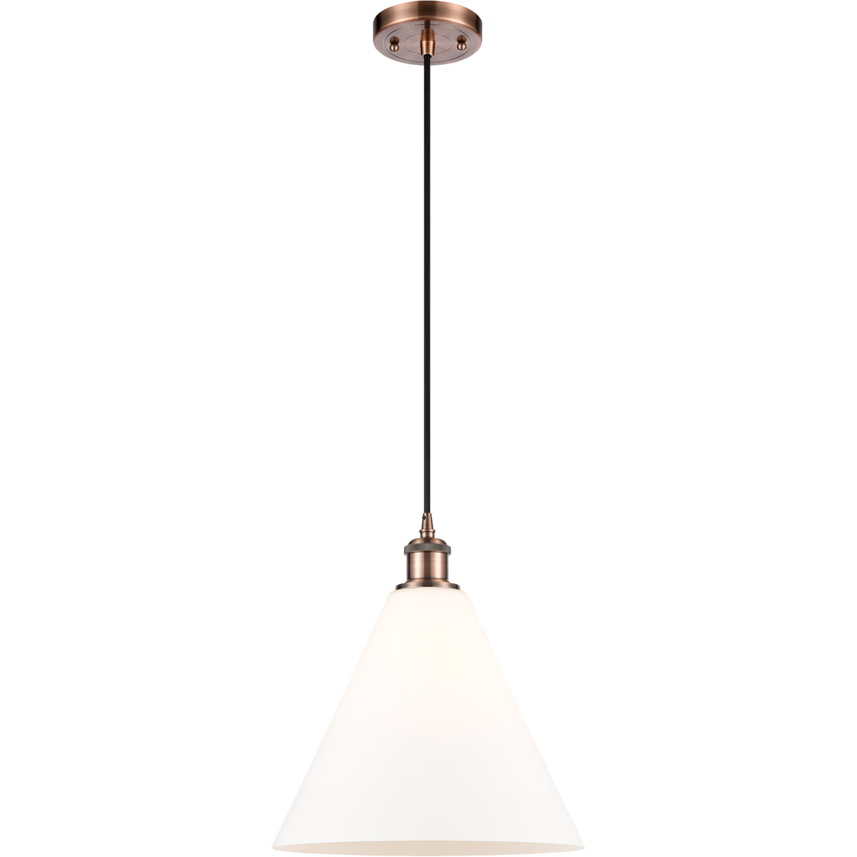 Innovations Lighting 516-1P-AC-GBC-121-LED Ballston Cone LED 12 inch Antique Copper Mini Pendant Ceiling Light in Matte White Glass, Black Textured