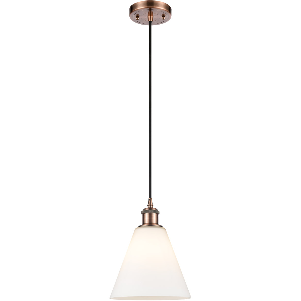Innovations Lighting 516-1P-AC-GBC-81-LED Ballston Cone LED 8 inch Antique Copper Mini Pendant Ceiling Light in Matte White Glass, Black Textured