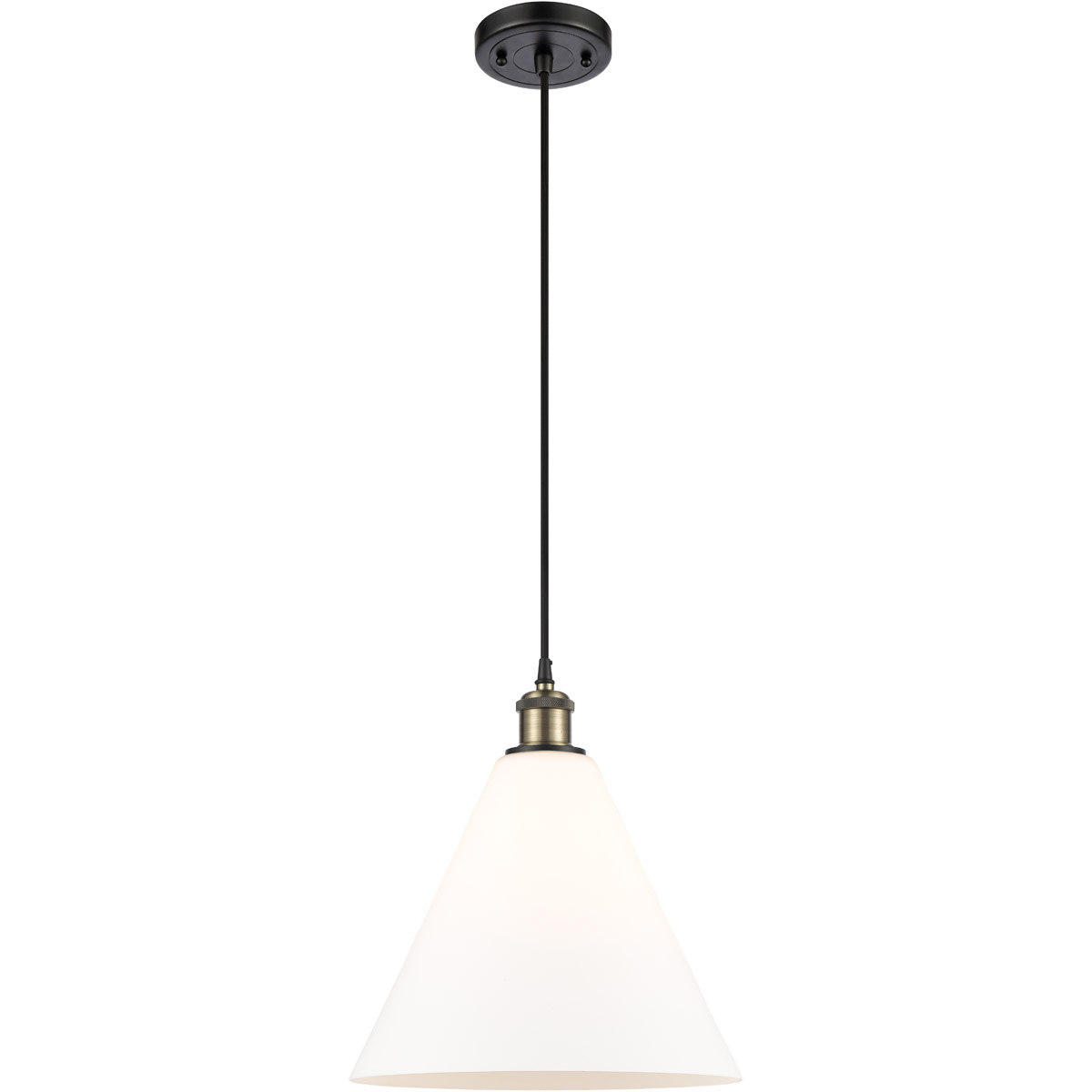 Innovations Lighting 516-1P-BAB-GBC-121-LED Ballston Cone LED 12 inch Black Antique Brass Mini Pendant Ceiling Light in Matte White Glass, Black Textu