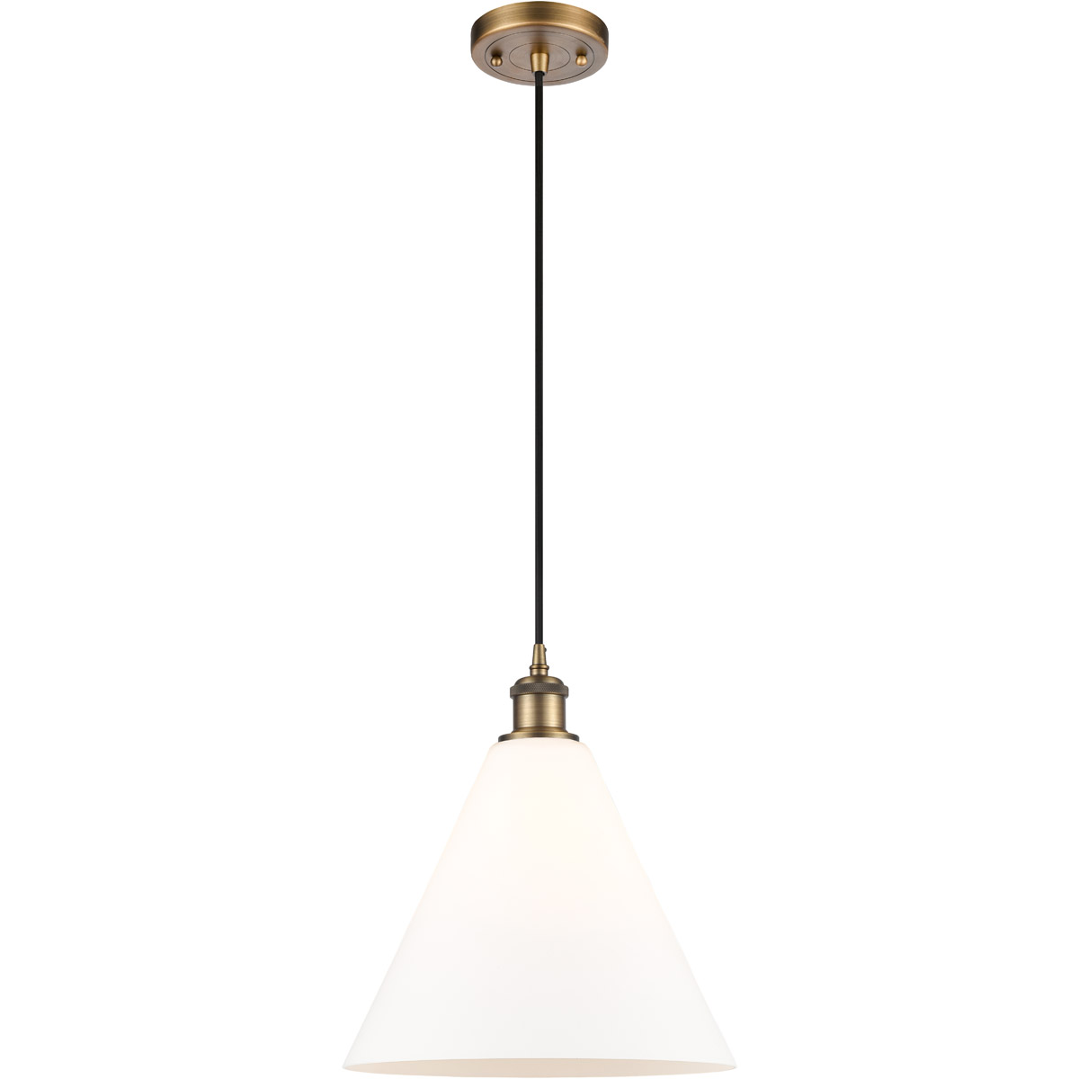 Innovations Lighting 516-1P-BB-GBC-121-LED Ballston Cone LED 12 inch Brushed Brass Mini Pendant Ceiling Light in Matte White Glass, Black Textured
