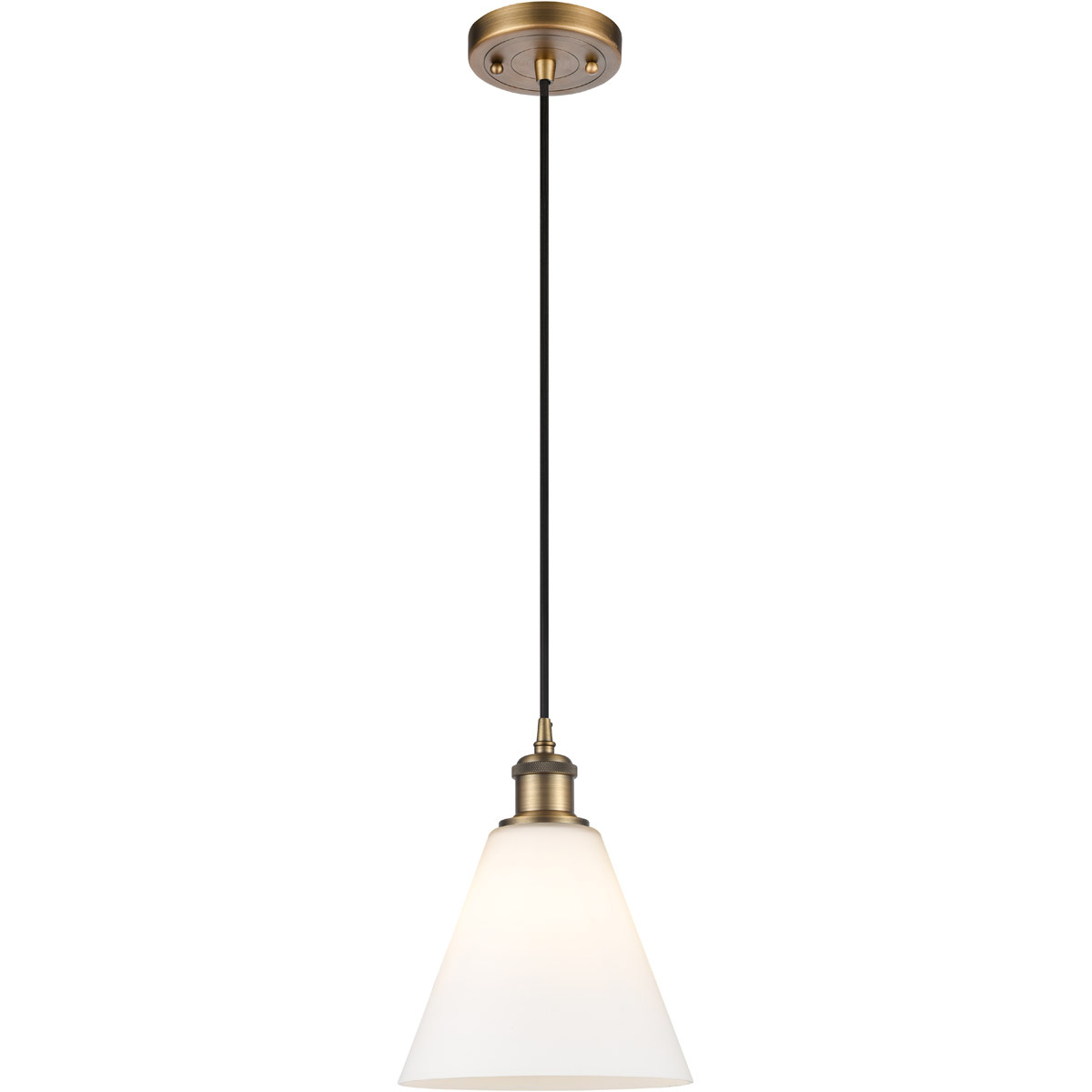 Innovations Lighting 516-1P-BB-GBC-81-LED Ballston Cone LED 8 inch Brushed Brass Mini Pendant Ceiling Light in Matte White Glass, Black Textured