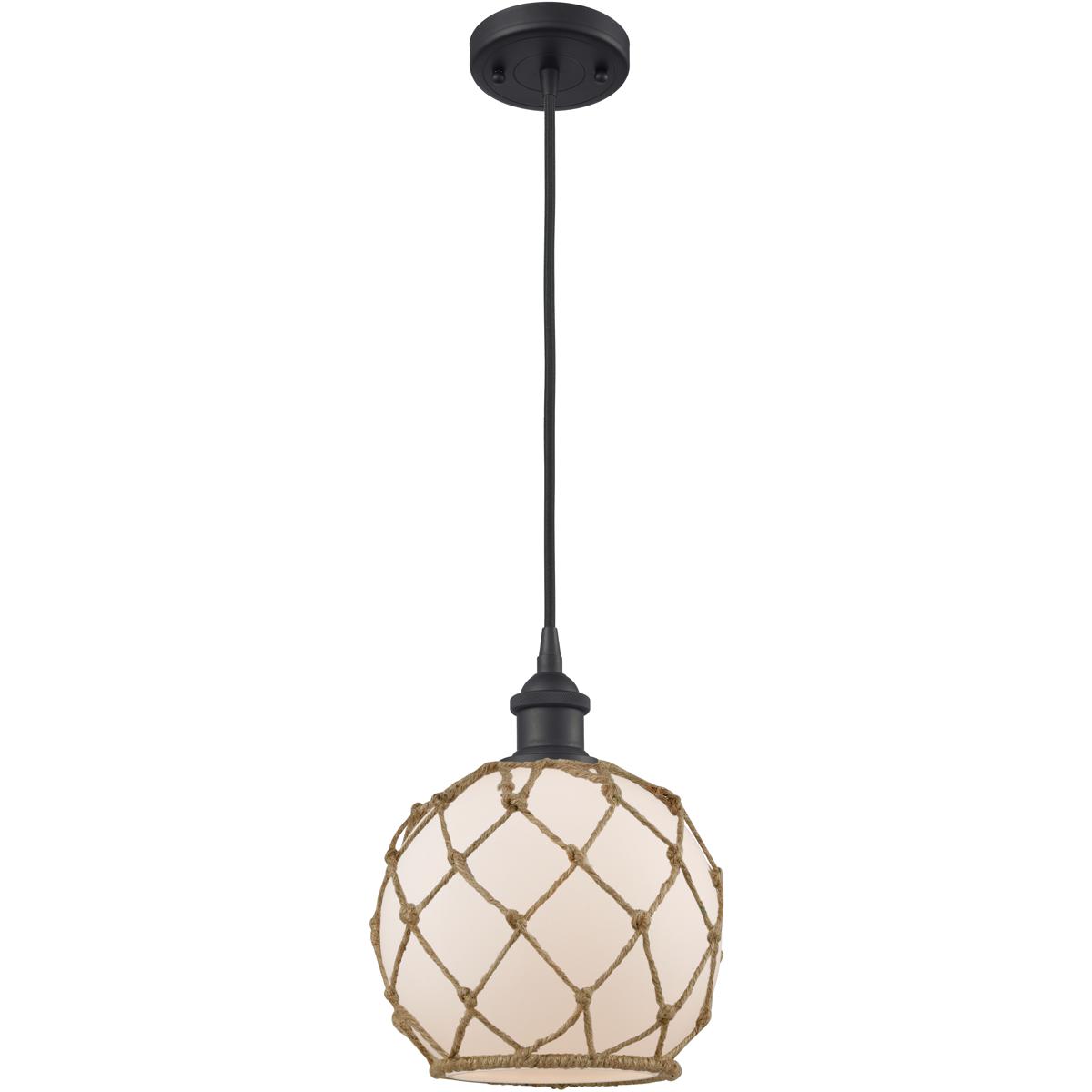 Innovations Lighting 516-1P-BK-G121-8RB-LED Ballston Farmhouse Rope LED 8 inch Matte Black Mini Pendant Ceiling Light in White Glass with Brown Rope, 