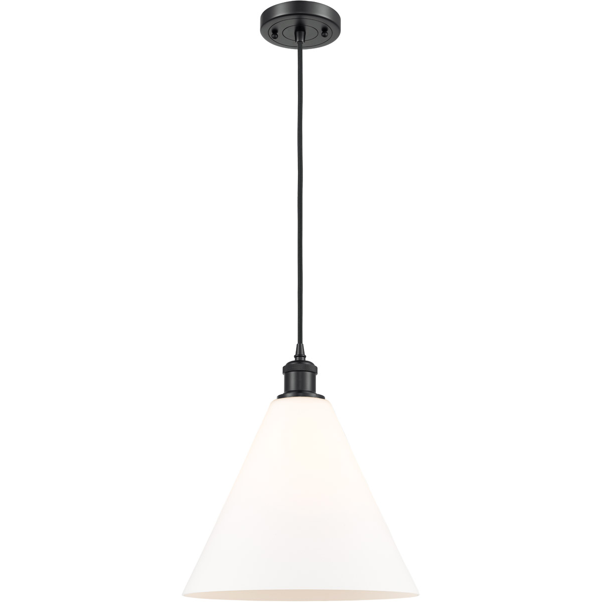 Innovations Lighting 516-1P-BK-GBC-121-LED Ballston Cone LED 12 inch Matte Black Mini Pendant Ceiling Light in Matte White Glass, Black Textured