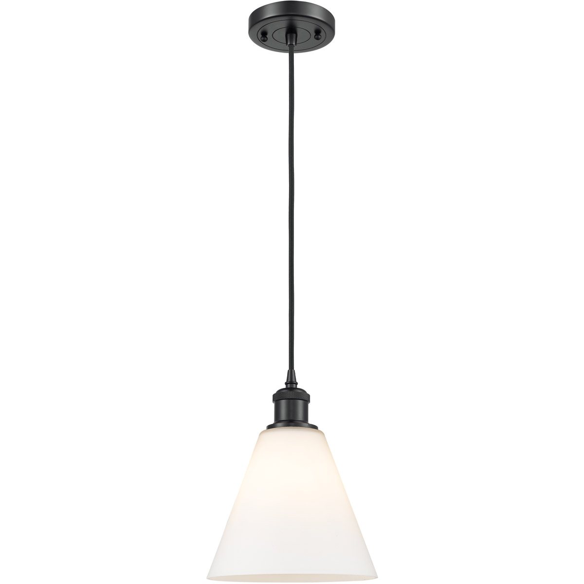 Innovations Lighting 516-1P-BK-GBC-81-LED Ballston Cone LED 8 inch Matte Black Mini Pendant Ceiling Light in Matte White Glass, Black Textured