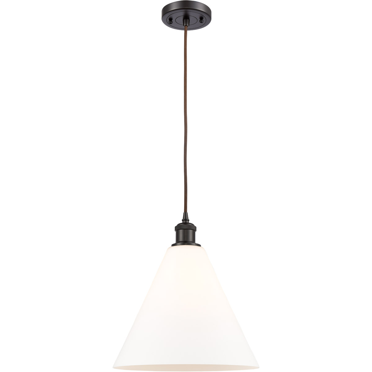 Innovations Lighting 516-1P-OB-GBC-121-LED Ballston Cone LED 12 inch Oil Rubbed Bronze Mini Pendant Ceiling Light in Matte White Glass, Black Textured