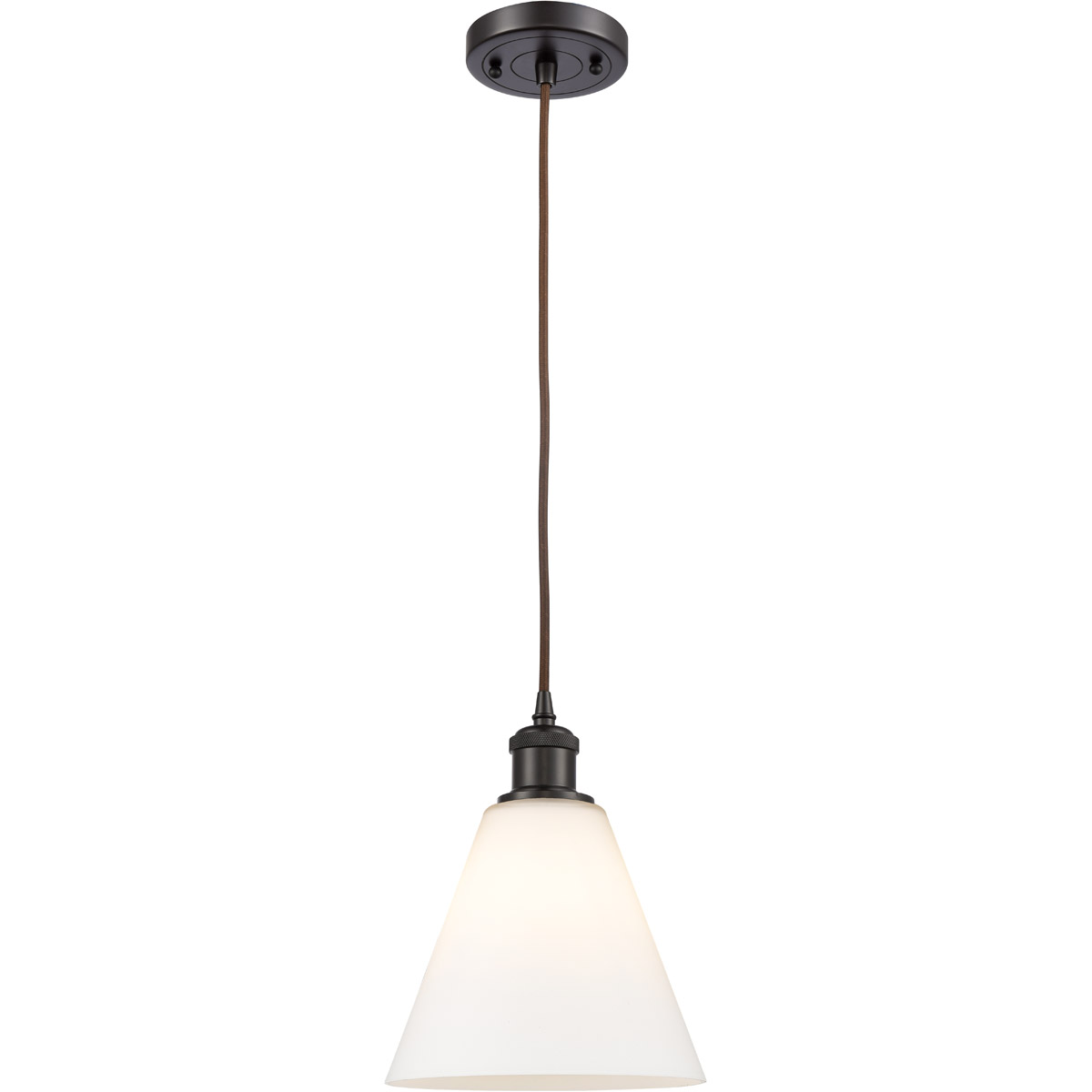 Innovations Lighting 516-1P-OB-GBC-81-LED Ballston Cone LED 8 inch Oil Rubbed Bronze Mini Pendant Ceiling Light in Matte White Glass, Black Textured