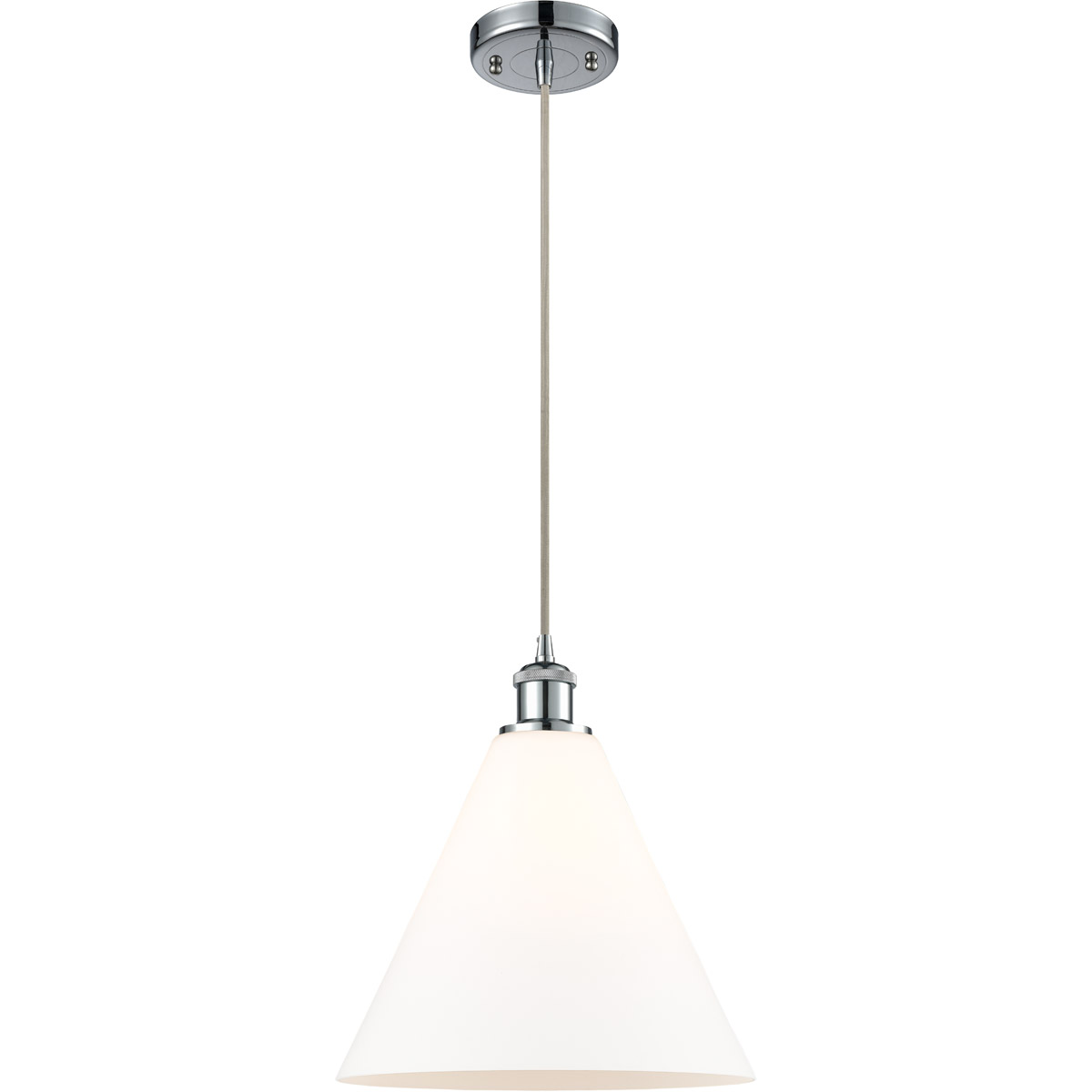 Innovations Lighting 516-1P-PC-GBC-121-LED Ballston Cone LED 12 inch Polished Chrome Mini Pendant Ceiling Light in Matte White Glass, Black Textured