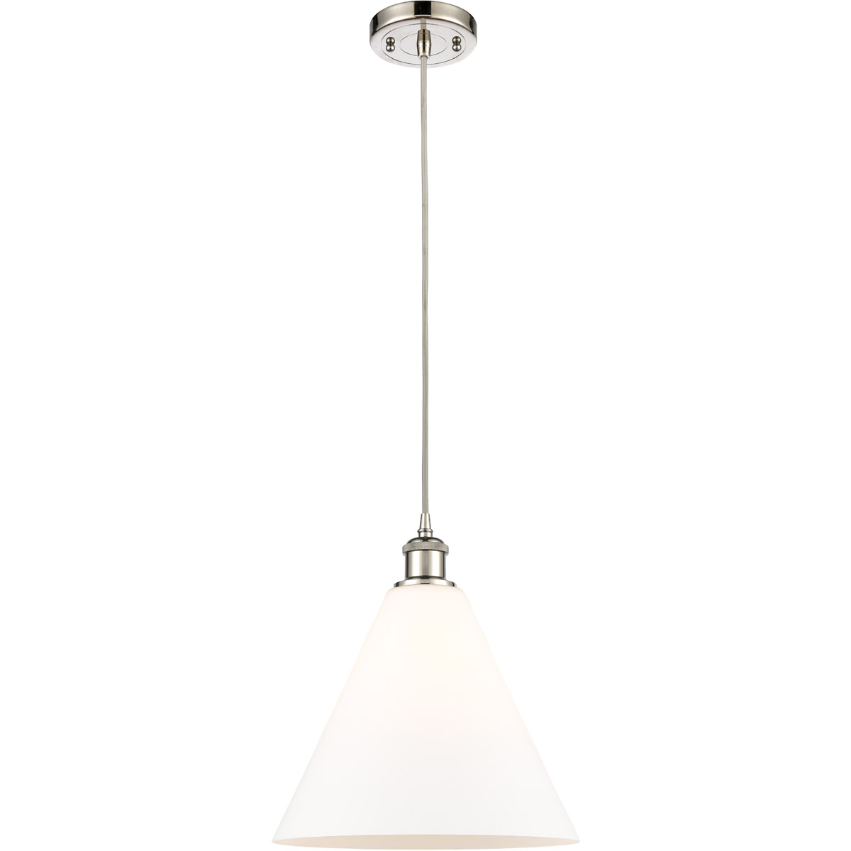 Innovations Lighting 516-1P-PN-GBC-121-LED Ballston Cone LED 12 inch Polished Nickel Mini Pendant Ceiling Light in Matte White Glass, Black Textured