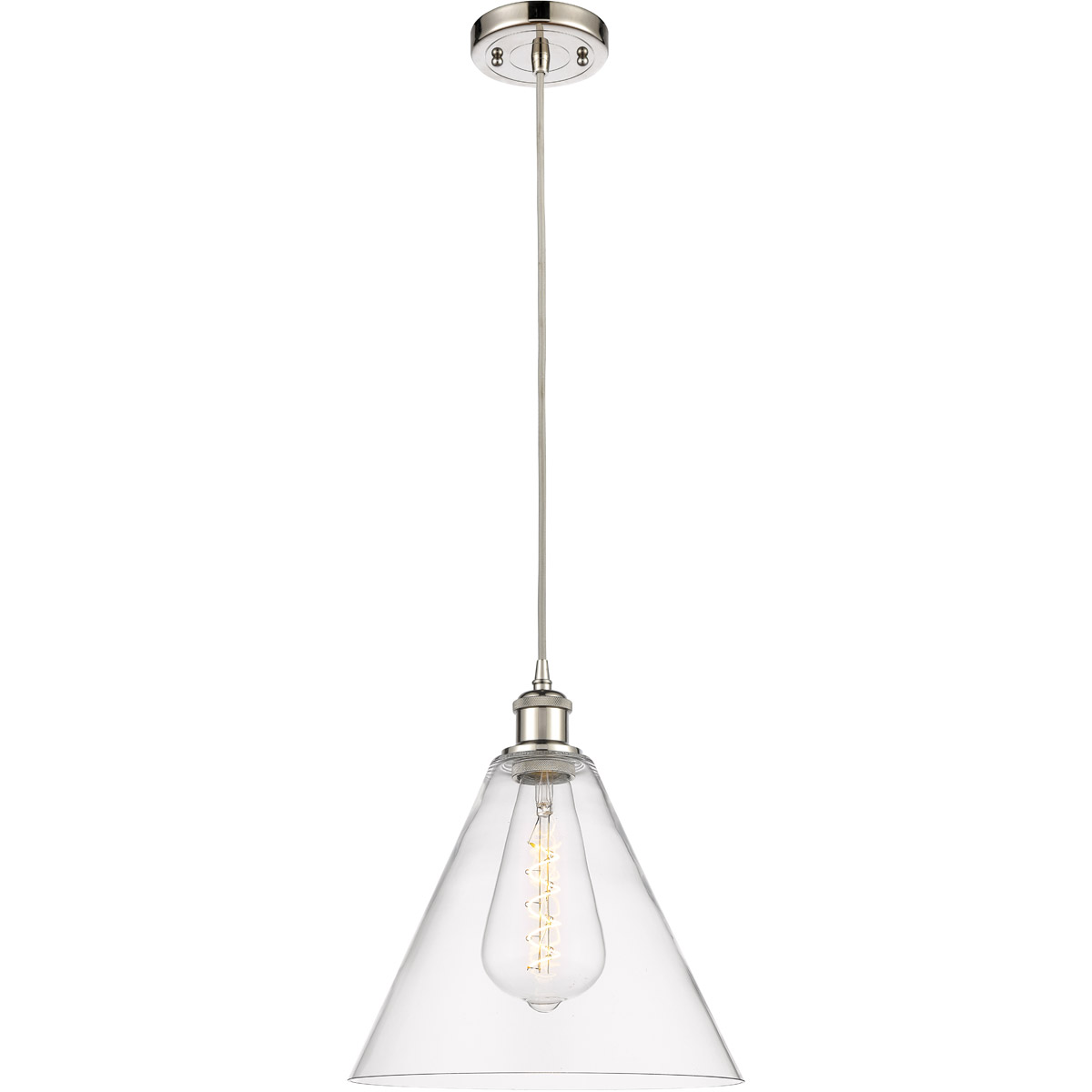 Innovations Lighting 516-1P-PN-GBC-122-LED Ballston Cone LED 12 inch Polished Nickel Mini Pendant Ceiling Light in Clear Glass, Black Textured