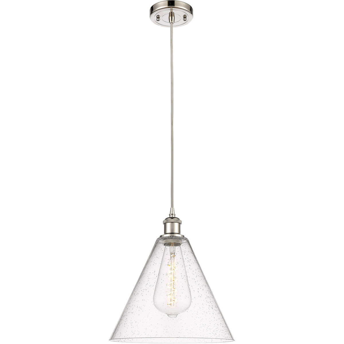 Innovations Lighting 516-1P-PN-GBC-124-LED Ballston Cone LED 12 inch Polished Nickel Mini Pendant Ceiling Light in Seedy Glass, Black Textured