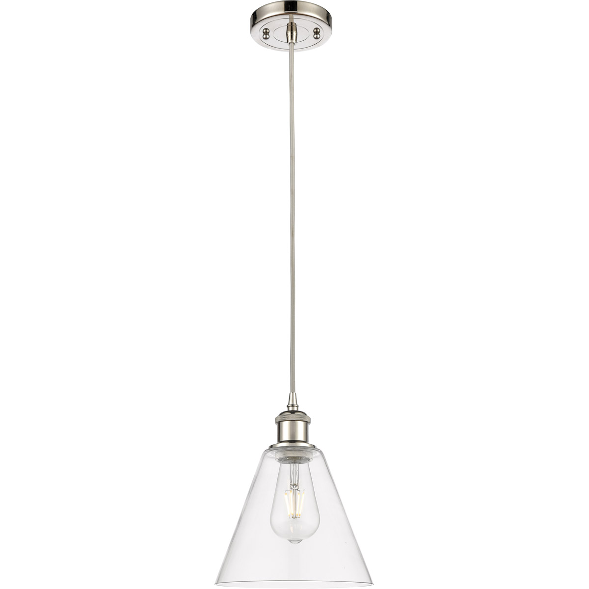 Innovations Lighting 516-1P-PN-GBC-82-LED Ballston Cone LED 8 inch Polished Nickel Mini Pendant Ceiling Light in Clear Glass, Black Textured