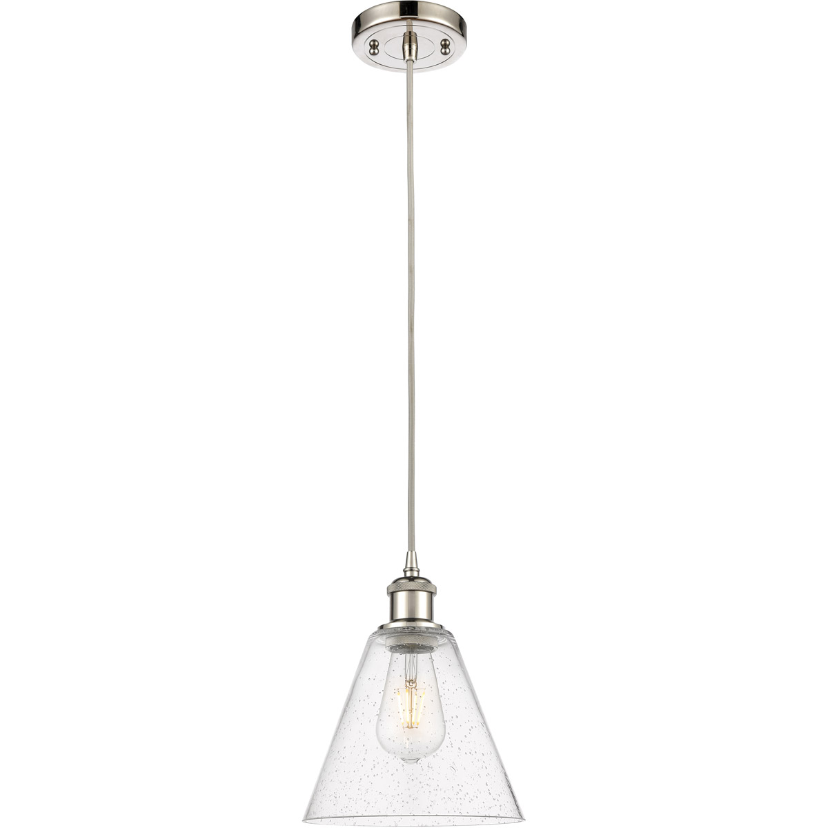 Innovations Lighting 516-1P-PN-GBC-84-LED Ballston Cone LED 8 inch Polished Nickel Mini Pendant Ceiling Light in Seedy Glass, Black Textured