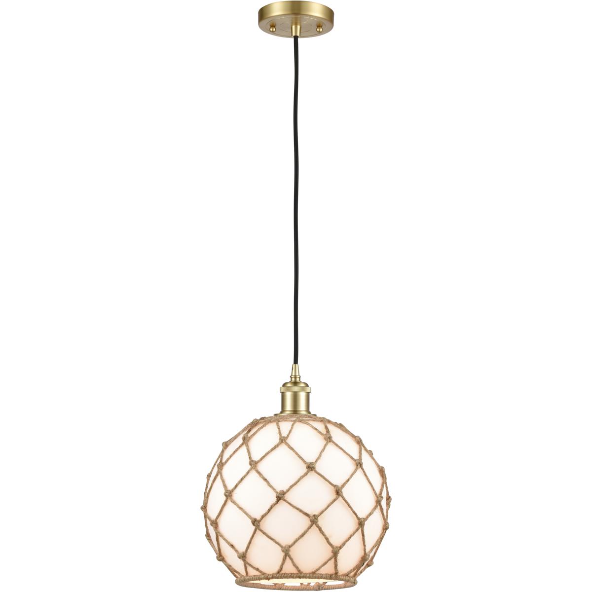 Innovations Lighting 516-1P-SG-G121-10RB-LED Ballston Large Farmhouse Rope LED 10 inch Satin Gold Mini Pendant Ceiling Light in White Glass with Brown