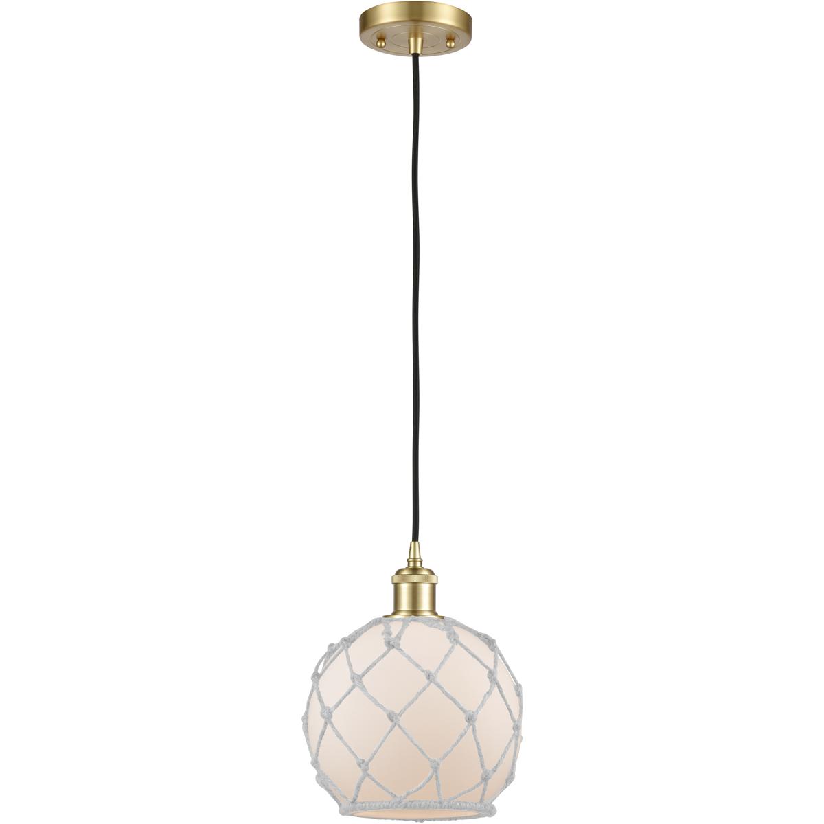 Innovations Lighting 516-1P-SG-G121-8RW-LED Ballston Farmhouse Rope LED 8 inch Satin Gold Mini Pendant Ceiling Light in White Glass with White Rope, B