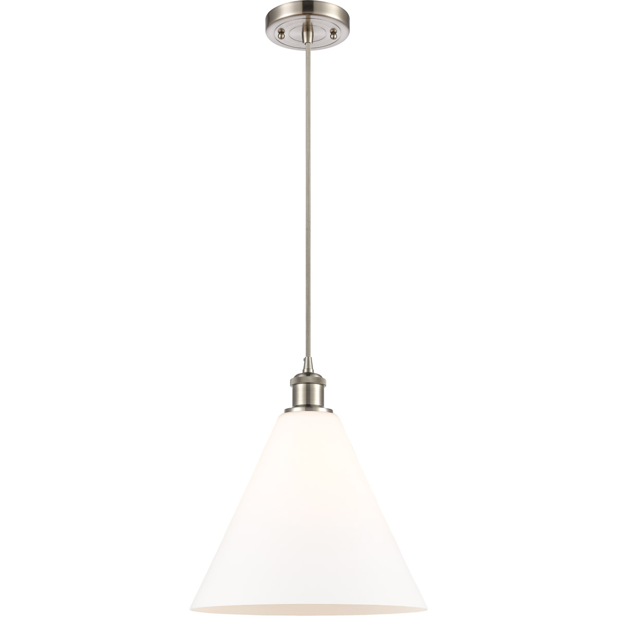 Innovations Lighting 516-1P-SN-GBC-121-LED Ballston Cone LED 12 inch Brushed Satin Nickel Mini Pendant Ceiling Light in Matte White Glass, Black Textu