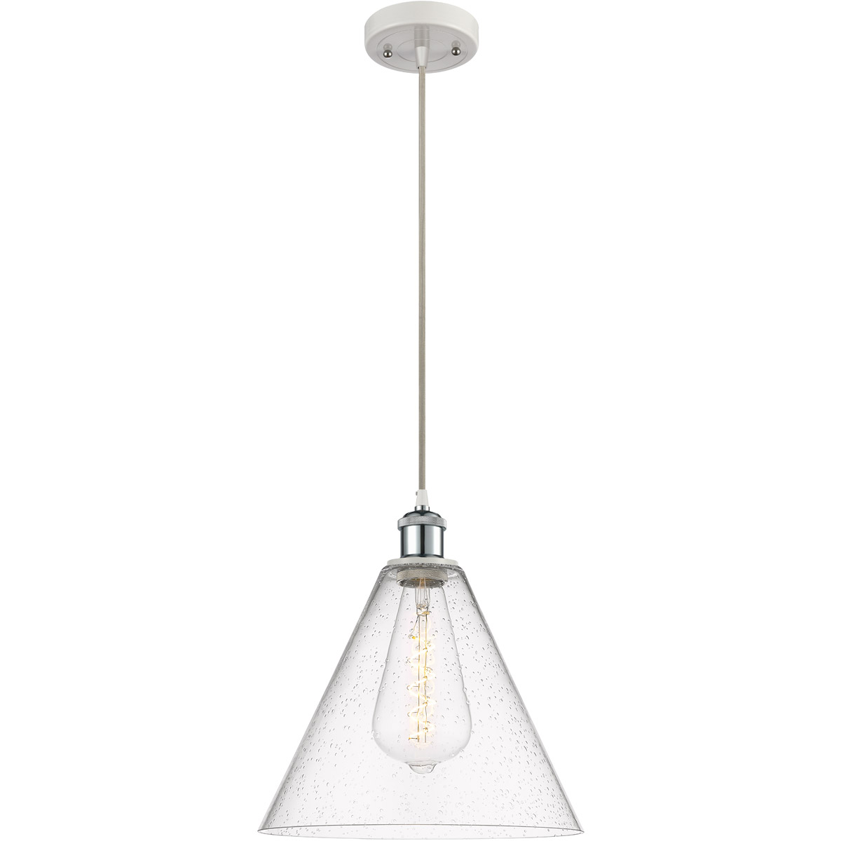 Innovations Lighting 516-1P-WPC-GBC-124-LED Ballston Cone LED 12 inch White and Polished Chrome Mini Pendant Ceiling Light in Seedy Glass