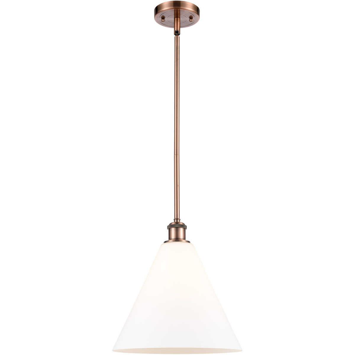Innovations Lighting 516-1S-AC-GBC-121-LED Ballston Cone LED 12 inch Antique Copper Mini Pendant Ceiling Light in Matte White Glass