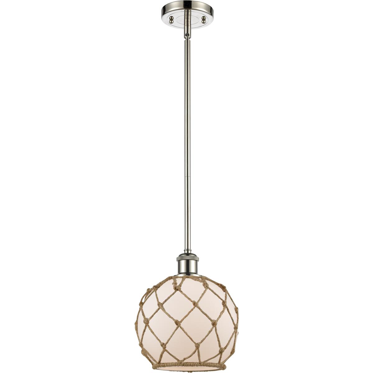 Innovations Lighting 516-1S-PN-G121-8RB-LED Ballston Farmhouse Rope LED 8 inch Polished Nickel Pendant Ceiling Light in White Glass with Brown Rope, B