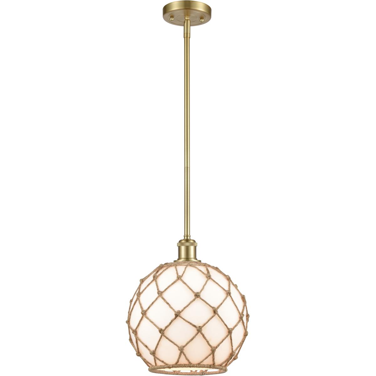 Innovations Lighting 516-1S-SG-G121-10RB-LED Ballston Large Farmhouse Rope LED 10 inch Satin Gold Pendant Ceiling Light in White Glass with Brown Rope