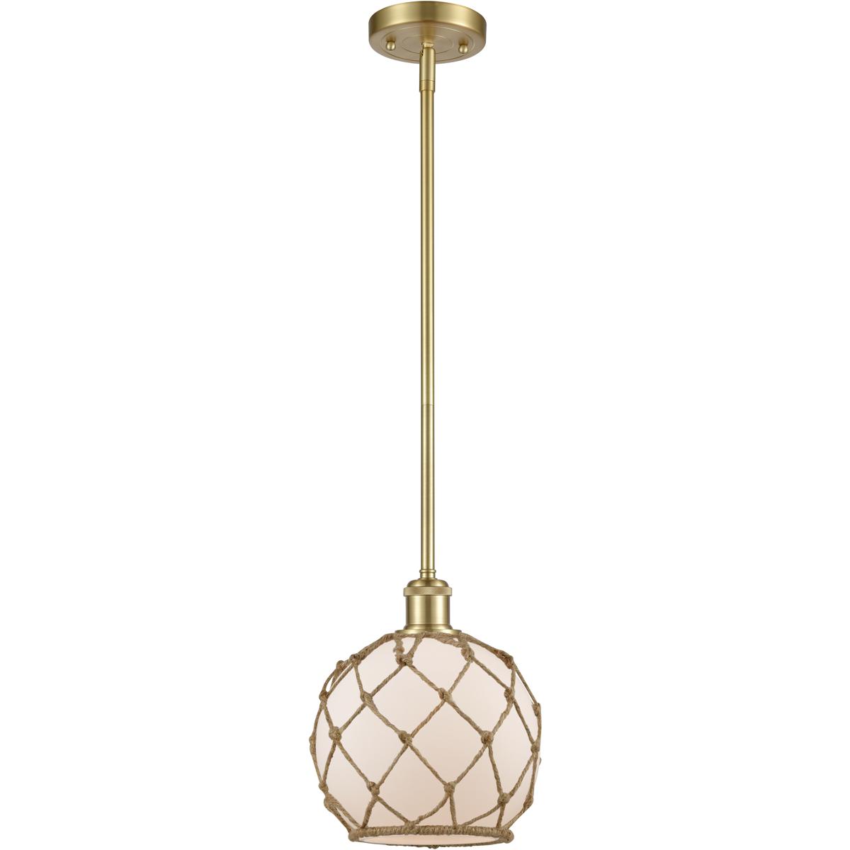 Innovations Lighting 516-1S-SG-G121-8RB-LED Ballston Farmhouse Rope LED 8 inch Satin Gold Pendant Ceiling Light in White Glass with Brown Rope, Ballst