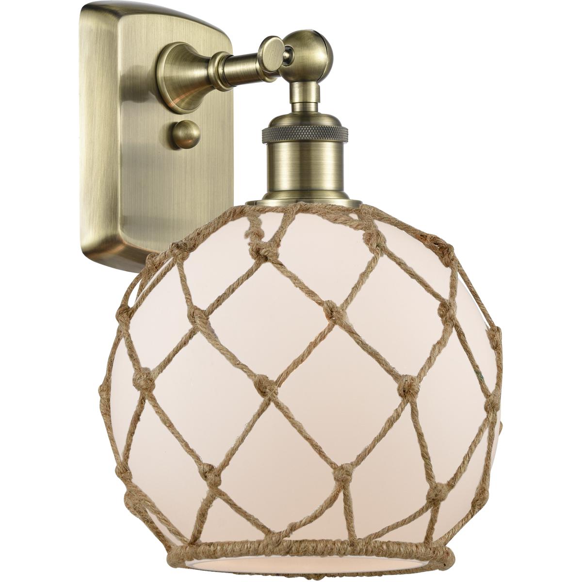 Innovations Lighting 516-1W-AB-G121-8RB Ballston Farmhouse Rope Armed Sconce Wall Light in Antique Brass, Bulb Not Included, White Glass with Brown Ro