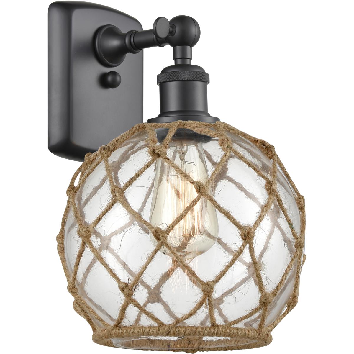 Innovations Lighting 516-1W-BK-G122-8RB-LED Ballston Farmhouse Rope Armed Sconce Wall Light in Matte Black, LED, Clear Glass with Brown Rope, Ballston