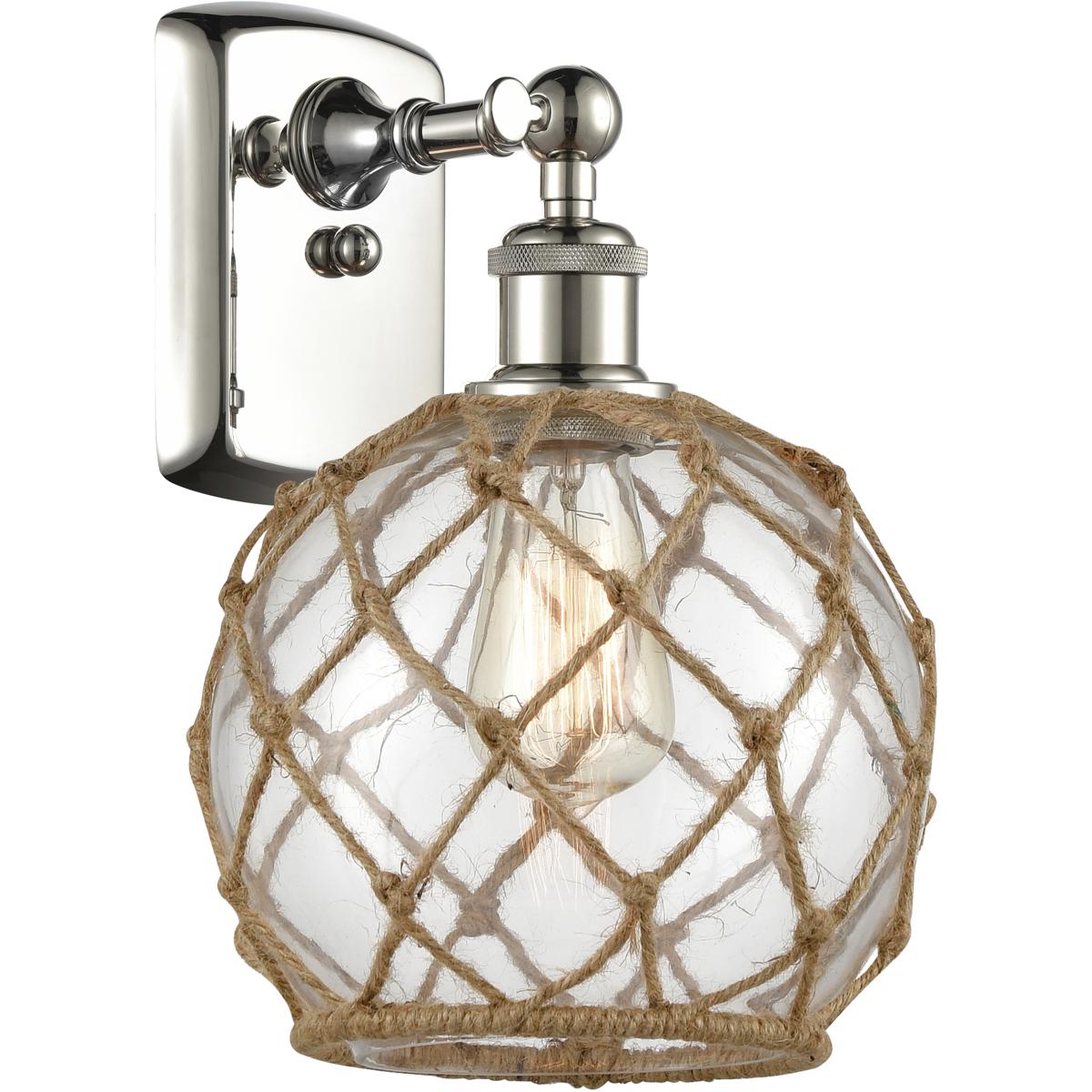 Innovations Lighting 516-1W-PN-G122-8RB-LED Ballston Farmhouse Rope LED 8 inch Polished Nickel Sconce Wall Light in Clear Glass with Brown Rope, Balls
