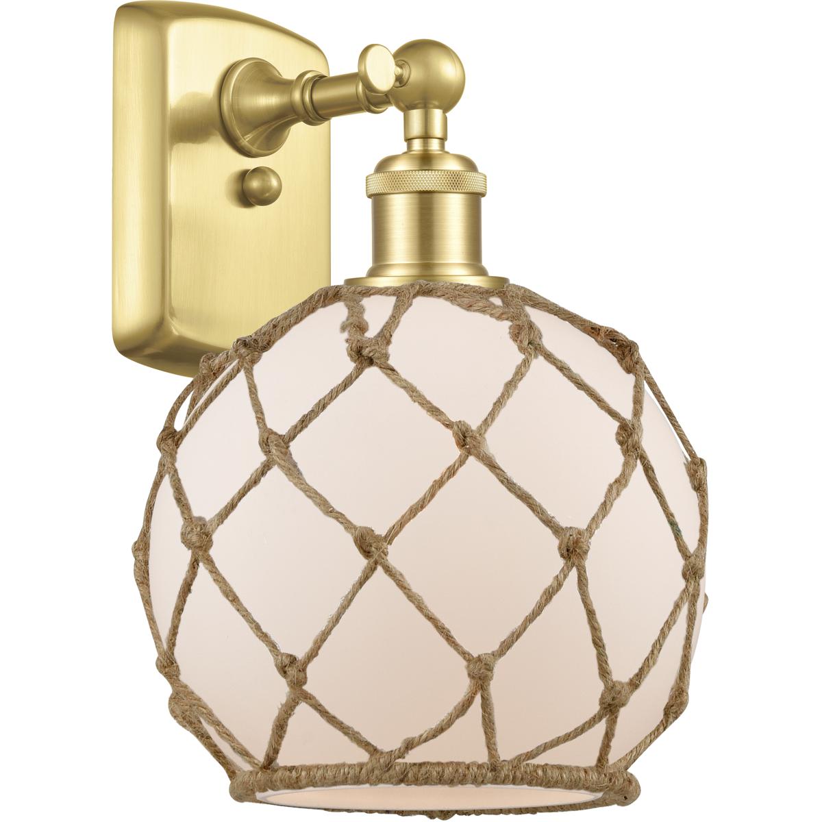 Innovations Lighting 516-1W-SG-G121-8RB-LED Ballston Farmhouse Rope LED 8 inch Satin Gold Sconce Wall Light in White Glass with Brown Rope, Ballston