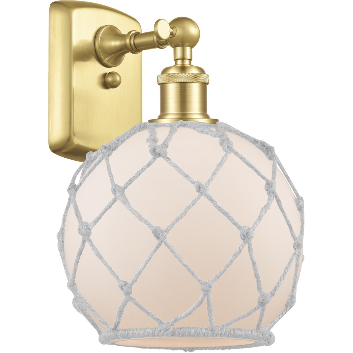 Innovations Lighting 516-1W-SG-G121-8RW-LED Ballston Farmhouse Rope LED 8 inch Satin Gold Sconce Wall Light in White Glass with White Rope, Ballston