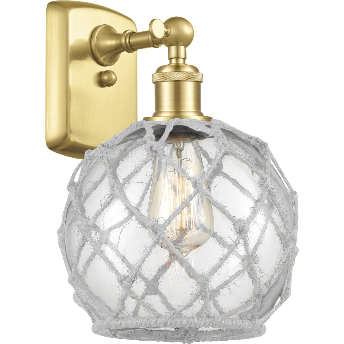Innovations Lighting 516-1W-SG-G122-8RW-LED Ballston Farmhouse Rope LED 8 inch Satin Gold Sconce Wall Light in Clear Glass with White Rope, Ballston