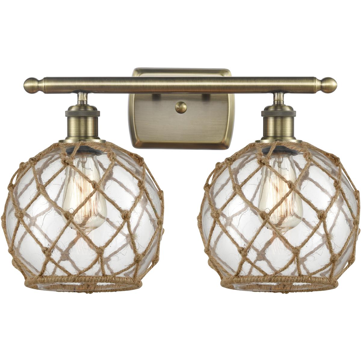 Innovations Lighting 516-2W-AB-G122-8RB-LED Ballston Farmhouse Rope LED 16 inch Antique Brass Bath Vanity Light Wall Light in Clear Glass with Brown R