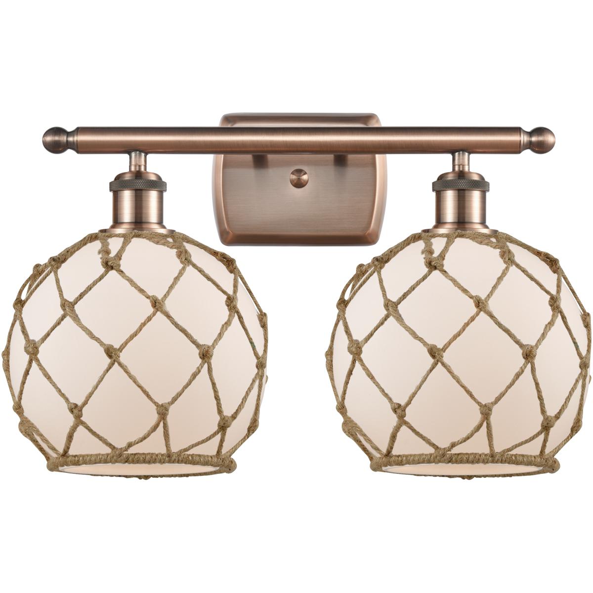 Innovations Lighting 516-2W-AC-G121-8RB-LED Ballston Farmhouse Rope LED 16 inch Antique Copper Bath Vanity Light Wall Light in White Glass with Brown 