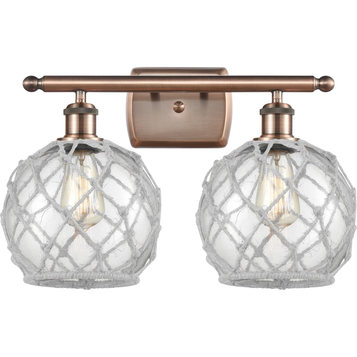 Innovations Lighting 516-2W-AC-G122-8RW Ballston Farmhouse Rope 2 Light 18 inch Antique Copper Bath Vanity Light Wall Light in Clear Glass with White 
