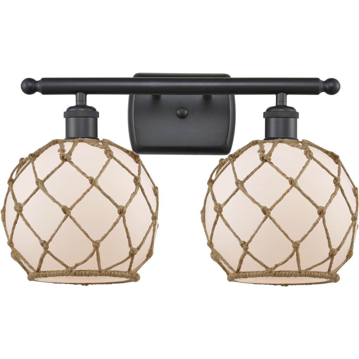 Innovations Lighting 516-2W-BK-G121-8RB Ballston Farmhouse Rope 2 Light 18 inch Matte Black Bath Vanity Light Wall Light in White Glass with Brown Rop