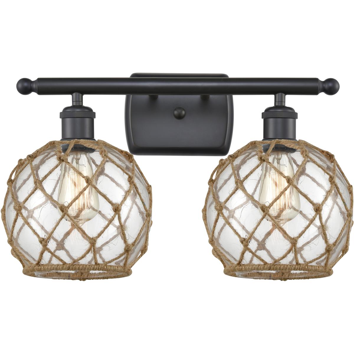 Innovations Lighting 516-2W-BK-G122-8RB Ballston Farmhouse Rope 2 Light 18 inch Matte Black Bath Vanity Light Wall Light in Clear Glass with Brown Rop