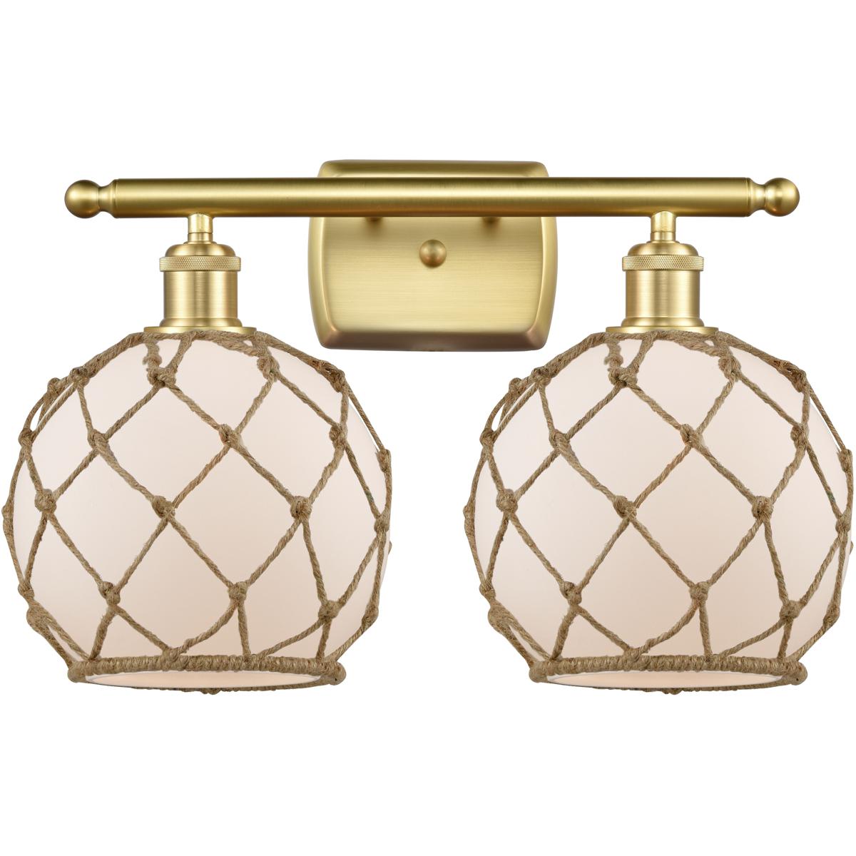 Innovations Lighting 516-2W-SG-G121-8RB-LED Ballston Farmhouse Rope LED 16 inch Satin Gold Bath Vanity Light Wall Light in White Glass with Brown Rope