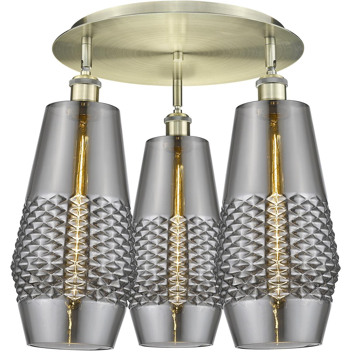Innovations Lighting 516-3C-AB-G683-7 Windham 3 Light 18.75 inch Antique Brass Flush Mount Ceiling Light in Smoked