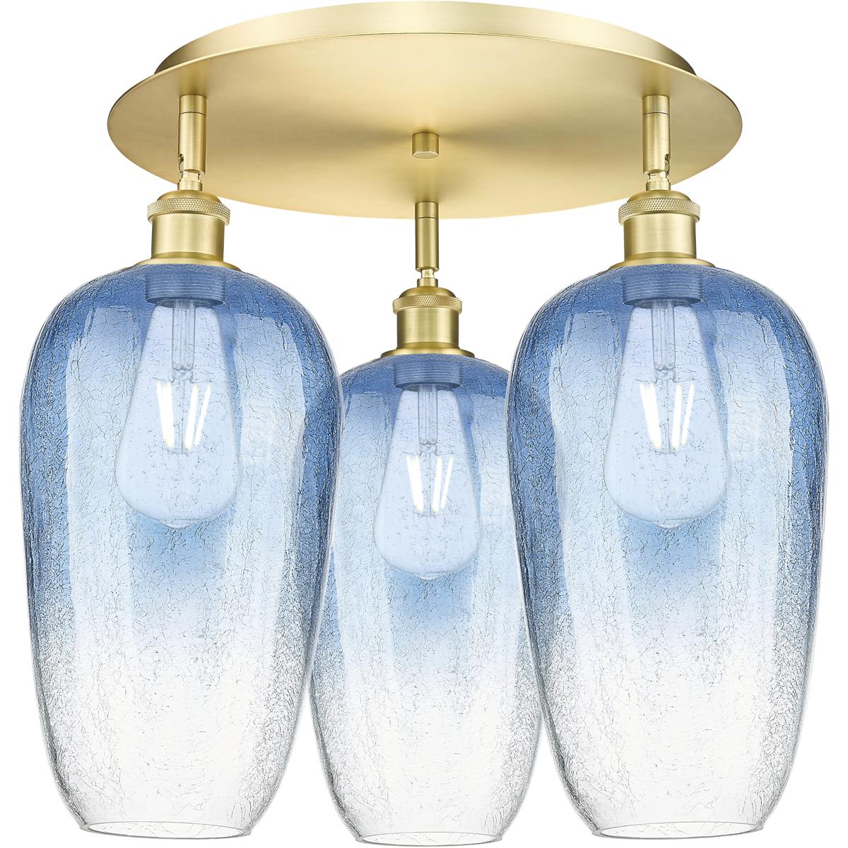 Innovations Lighting 516-3C-SG-G484-7SB Ballston Brookhaven Flute 3 Light 19 inch Satin Gold Flush Mount Ceiling Light in Sapphire Blue Glass