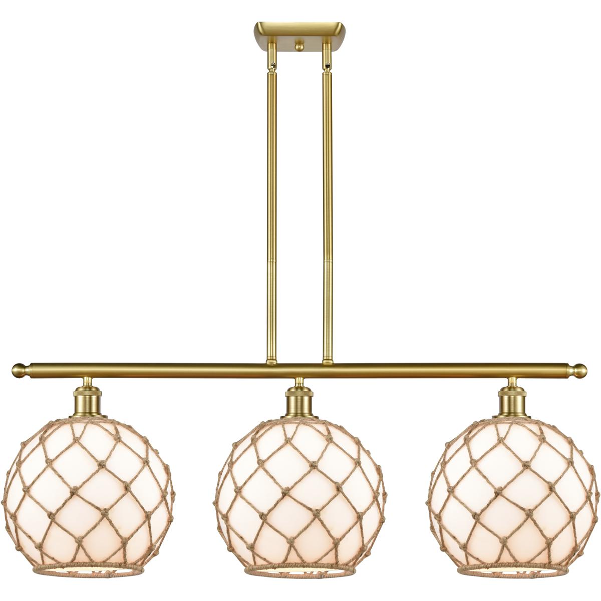 Innovations Lighting 516-3I-SG-G121-10RB-LED Ballston Large Farmhouse Rope LED 36 inch Satin Gold Island Light Ceiling Light in White Glass with Brown