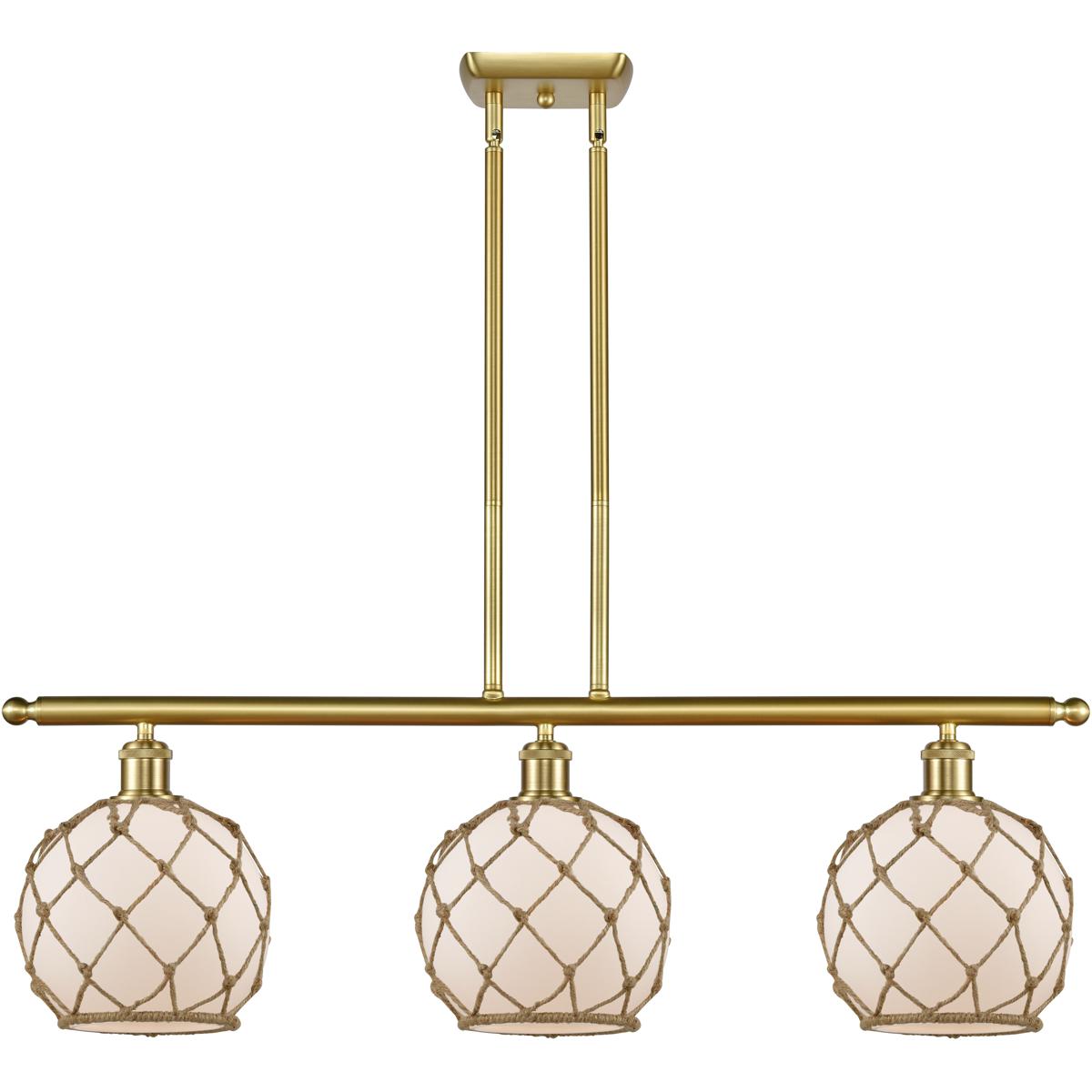 Innovations Lighting 516-3I-SG-G121-8RB-LED Ballston Farmhouse Rope LED 36 inch Satin Gold Island Light Ceiling Light in White Glass with Brown Rope,